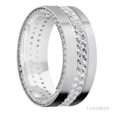 8 mm wide/Flat/14K White Gold band with a Side Eternity arrangement of 01 carat Round Diamond stones in a Bead Channel setting and featuring a a 2 Row Eternity arrangement of 015 carat Round Diamond stones in a Bead Channel setting